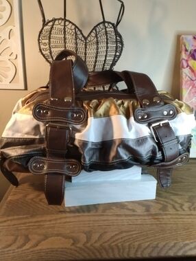 Leather-Trim Striped Shoulder Bag in Brown, White & Gold